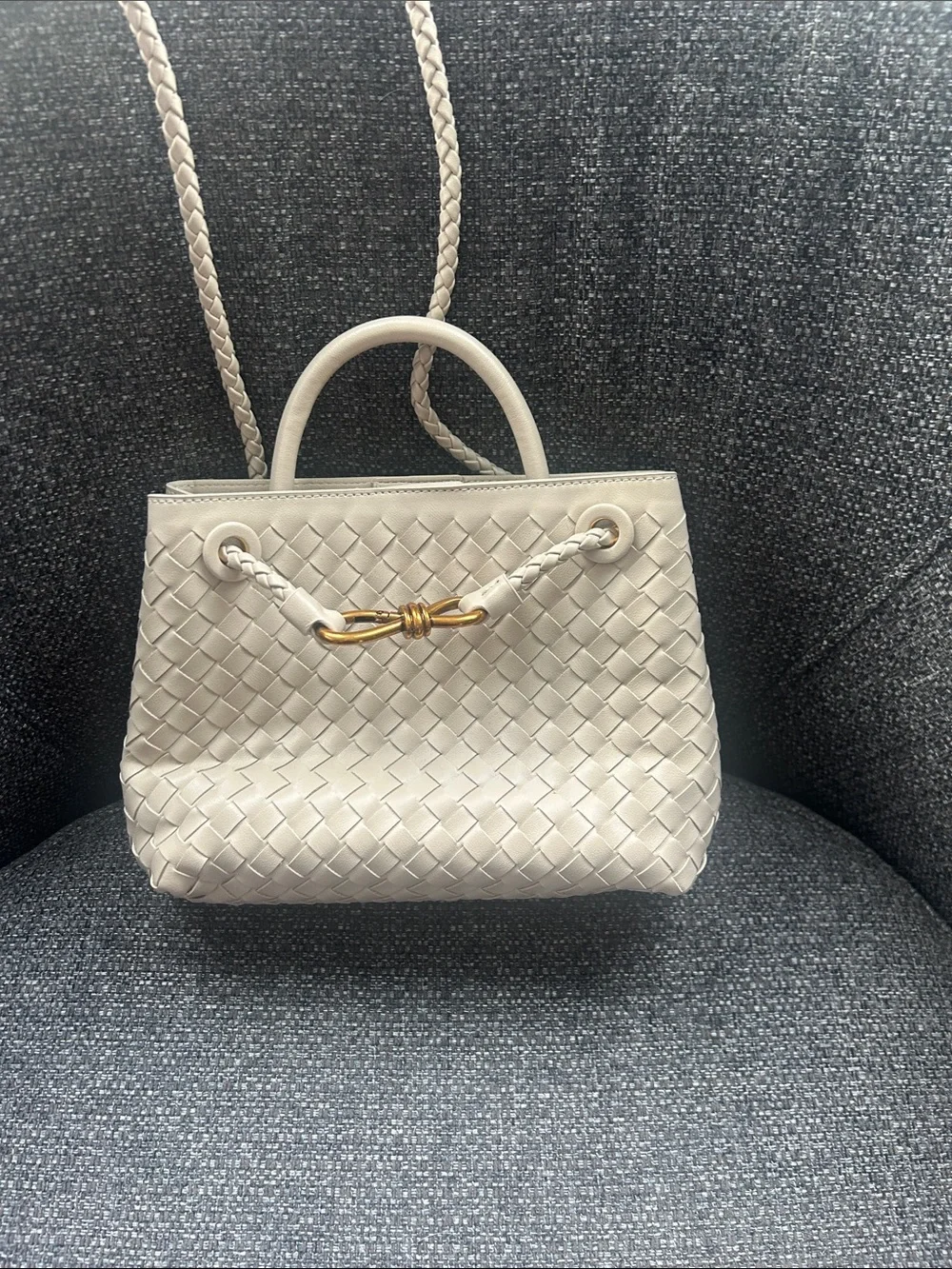 Woven Pleather Tote with Gold Knot Accent - Cream - Picture 1 of 7